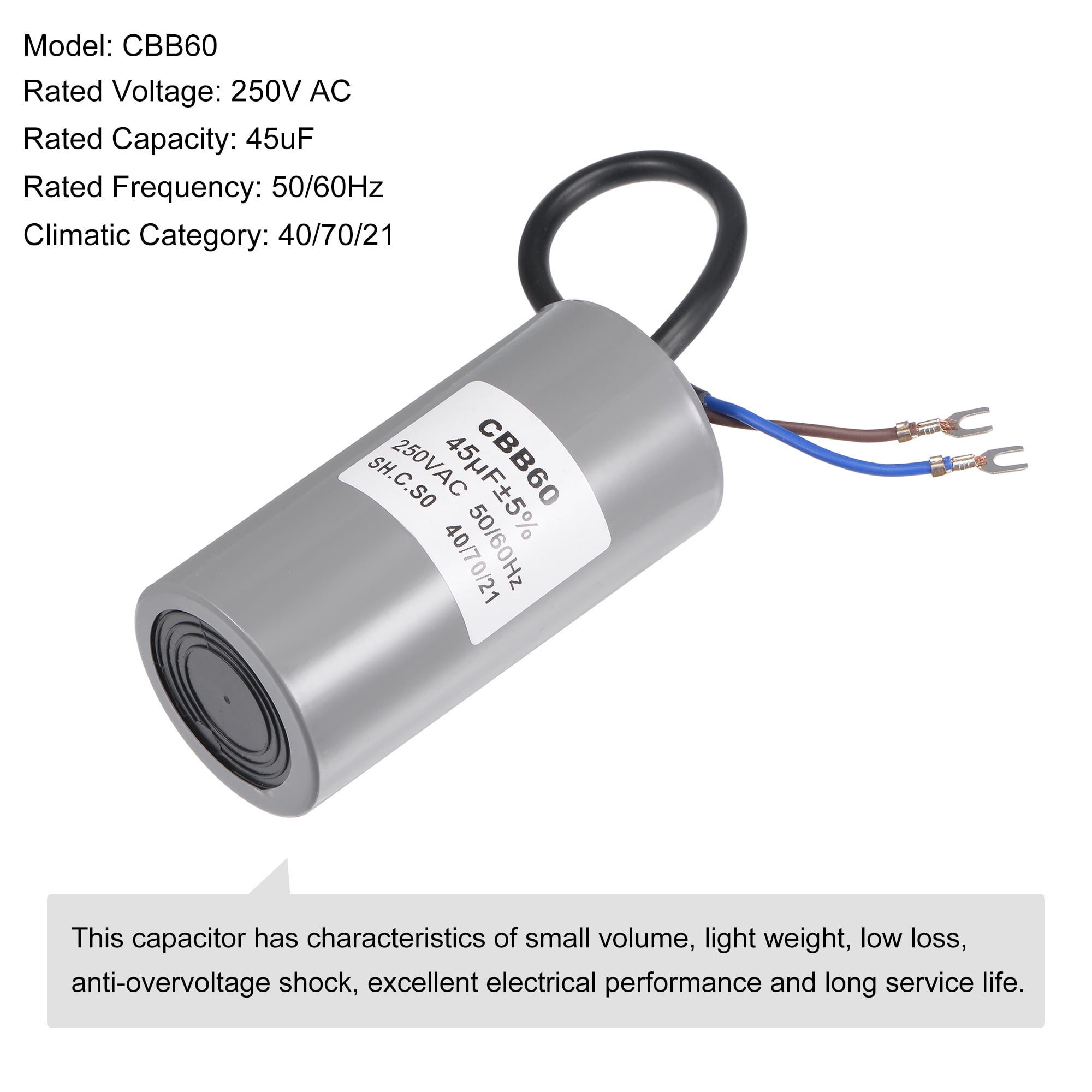 Uxcell 104x50mm 45uF 250V AC 50/60Hz 2 Wires with Terminal CBB60 Run Capacitor