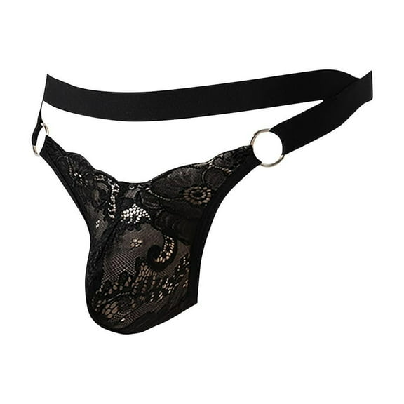 Tao Tao Men's Hollow Out Lace Bulge Pouch G-String Thongs Underwear U-Back Briefs See Through Briefs Mesh Underpants Black XL