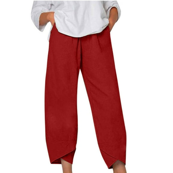 Honeeladyy Linen Pants Women Summer,Women Casual Solid Pants Comfortable Elastic High Waist Casual Beach Pants
