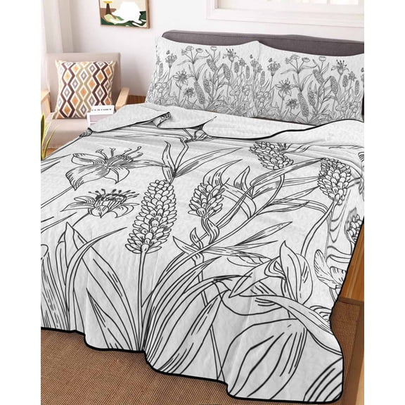 Grey Flowers King Size Down Alternative Comforter, Lightweight Comforter Quilt Bedding Set with Pillow Shams Garden Botanical Leaf Watercolor White All Seasons Bed Comforter Duvet Insert 96"x106"