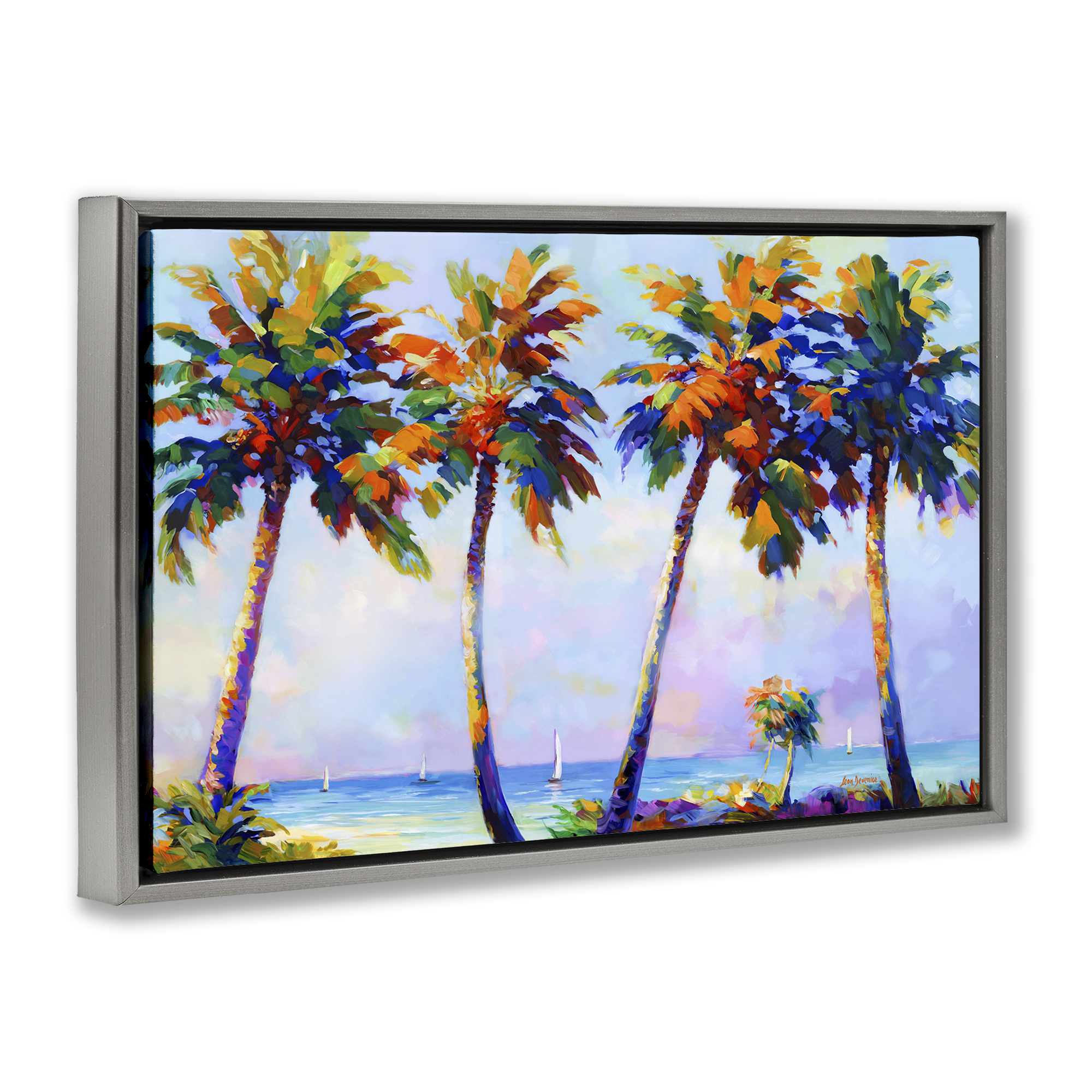 Stupell Industries Palm Trees in Sun Warmth Landscape Painting Gray Floater Framed Canvas Art Print Wall Art, 31 x 21
