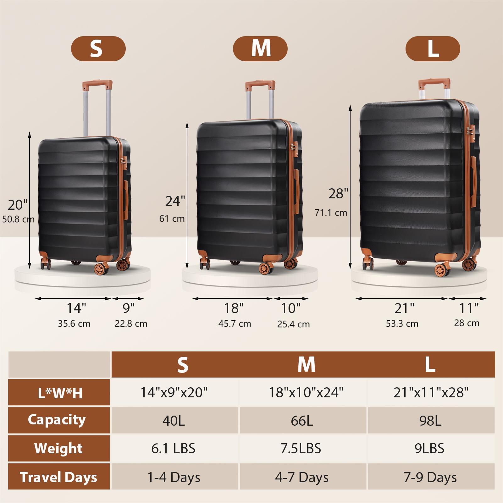 SUGIFT 3 Piece Expandable ABS Hardshell Luggage Sets Spinner Wheel Suitcase TSA Lock Suit Case, Black/Brown, 20/24/28 Inch