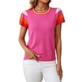 thumbnail image 3 of Women's Short Sleeve Color Block Tops Crewneck Pullover Sweater Knit Clothes Top for Casual Beach Vacation Rose Red M, 3 of 9