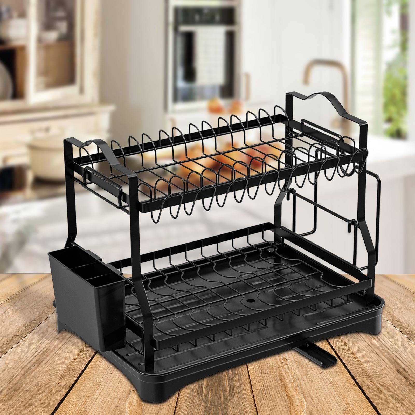 Fiocias 2 Tier Dish Drying Rack Cutting Board Holder with Utensil Holder Storage Kitchen