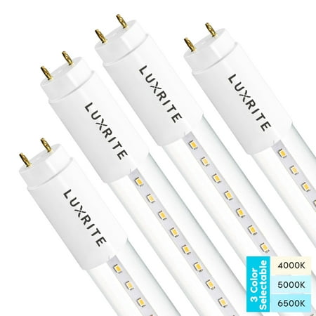 

Luxrite 4FT T8 LED Tube Light Type A+B 18W=32W 3 Colors 4000K 5000K 6500K Single and Double End Powered Plug and Play or Ballast Bypass 2340 Lumens F32T8 Frosted Cover UL DLC 4-Pack