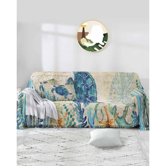 Nautical Turtle Blue Sofa Covers for 3 Cushion Couch,Washable Sectional & L Shape Couch Covers for Dog/Cat/Kid,Coastal Seagrass Eucalyptus Anchor Brrown Non Slip Sofa Slipcover Futon Cover 71x150