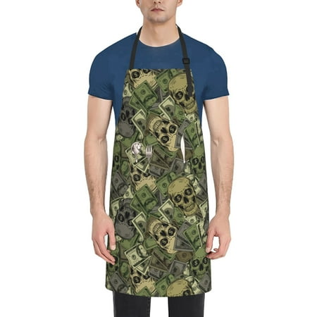 

Qekee Green Skulls Print Waterproof Apron with Pockets Adjustable Cooking Aprons Kitchen Bib for Baking Household Cleaning