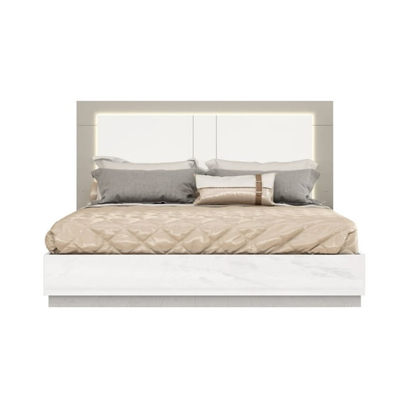 HomeRoots 486085 50 x 76 x 80 in. King Size White & Taupe High Gloss Bed Frame with LED Headboard