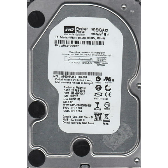 WD5000AAKS-00A7B0, DCM HBNNNV2CA, Western Digital 500GB SATA 3.5 Hard Drive
