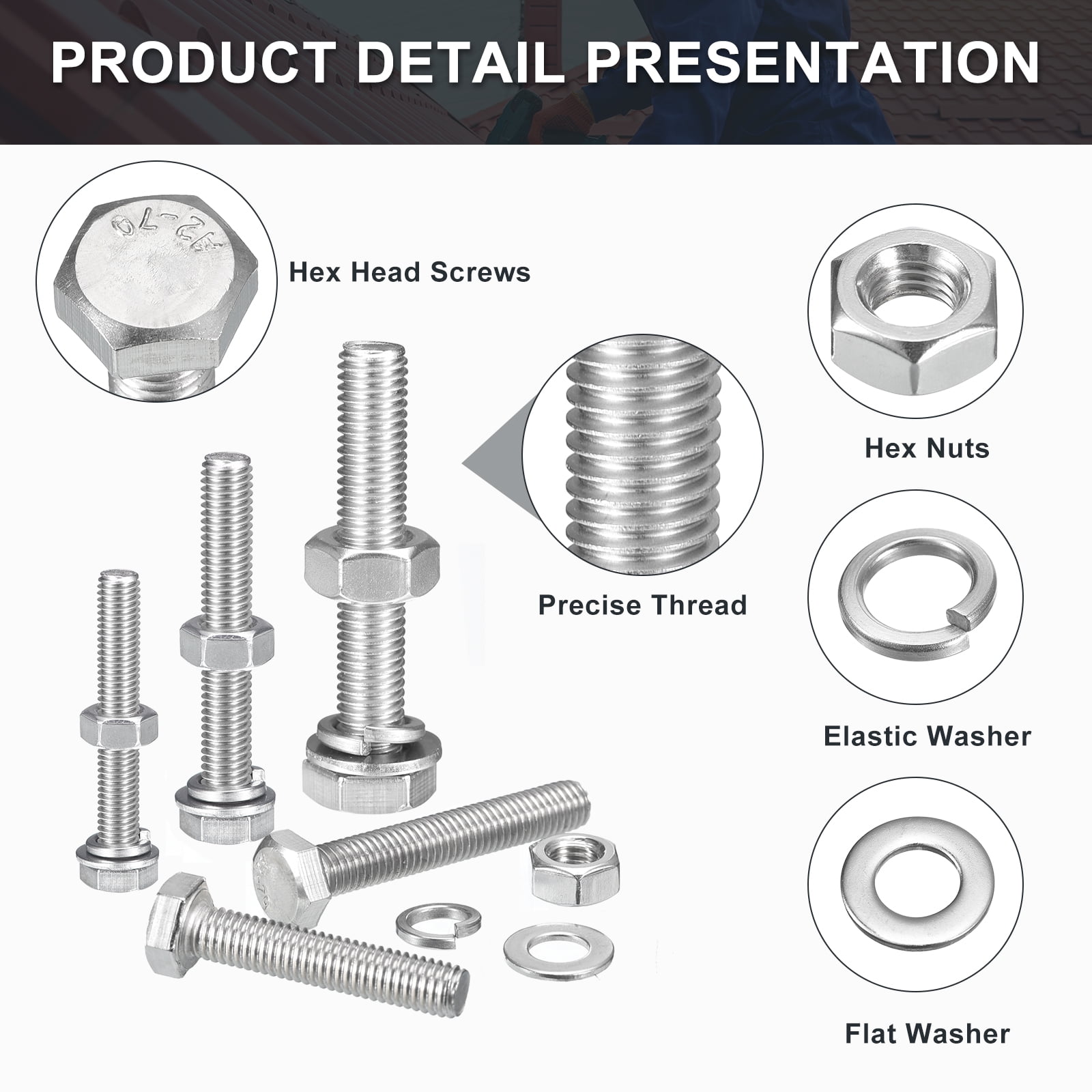 M10 x 110mm Hex Head Screws Bolts, Nuts, Flat & Lock Washers Kits, 304 Stainless Steel Fully Thread Hexagon Bolts 8 Sets