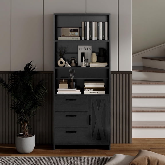 Black Bookcase with Door and 3 Drawers, 71" Tall Storage Cabinet with 3-Tier Open Shelves, Wooden Bookshelf for Home Office, Living Room, Study, Hallway