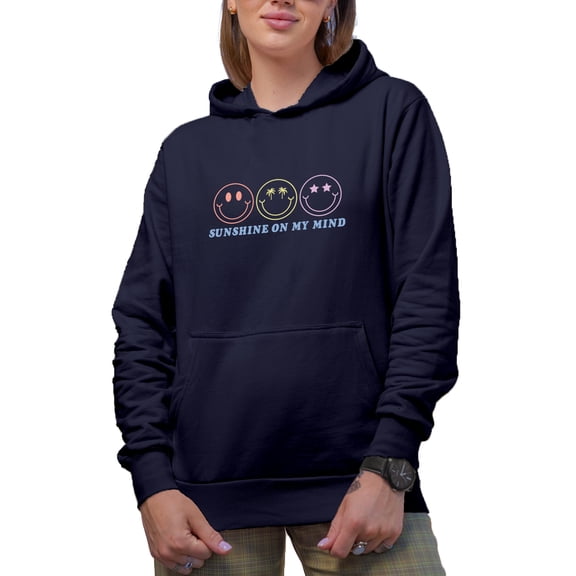 Sunshine on My Mind Quote feat. Retro Smiling Faces Art Merch Gift, Navy Blue Hooded Sweatshirt or Hoodie, Small