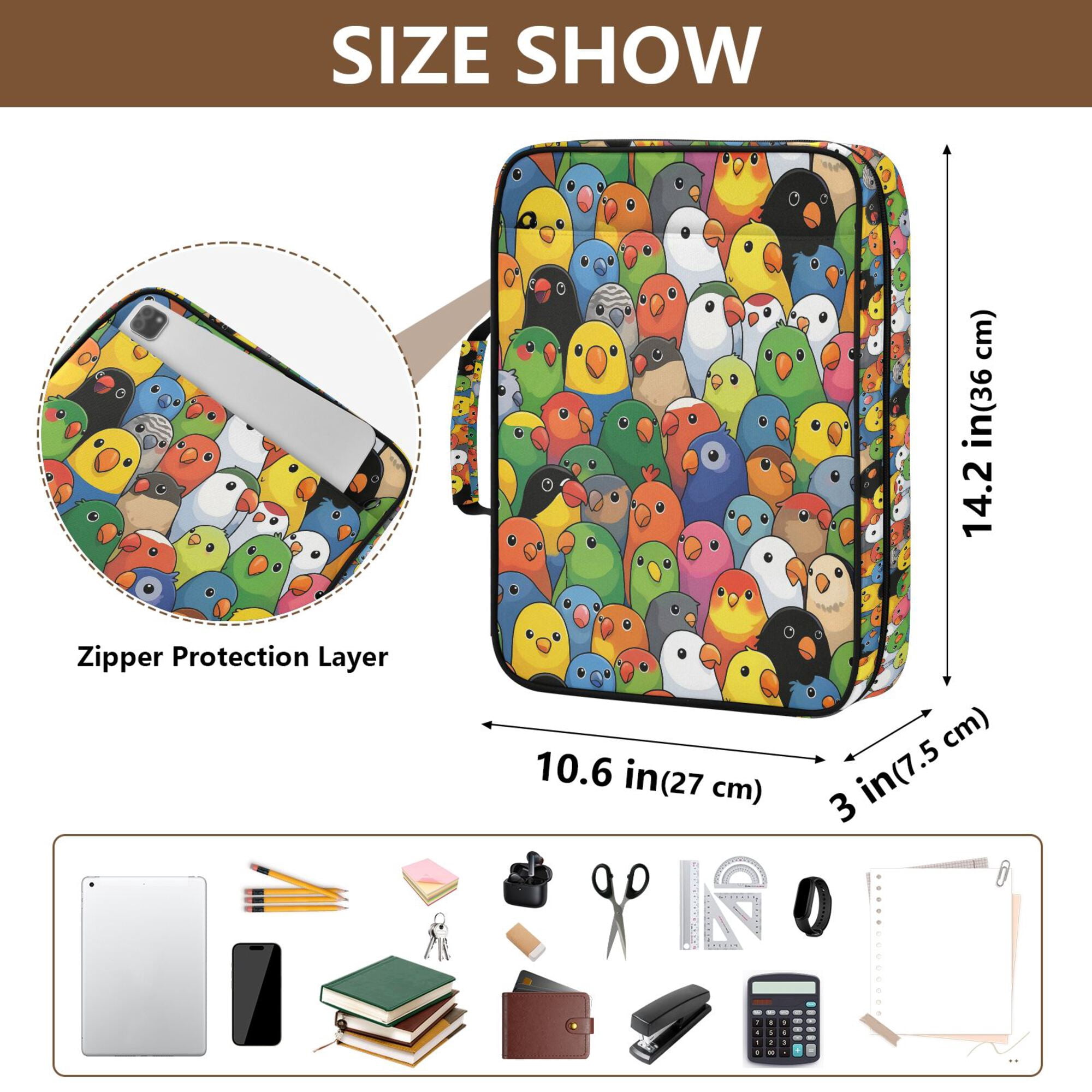 FORMRS Accordion File Folder A4 Size 7-Pocket Expanding Document Organizer Bag with 3 Ring Binder, Colorful Birds Pattern