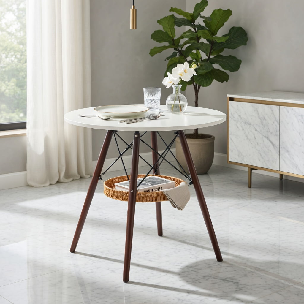 Hommoo 31.5" Round Dining Table with Walnut Solid Wood Legs, White MDF Vacuum-Formed Top & Under-Mount Woven Storage Basket, Modern Nordic Coffee Table for Small Spaces, White & Brown