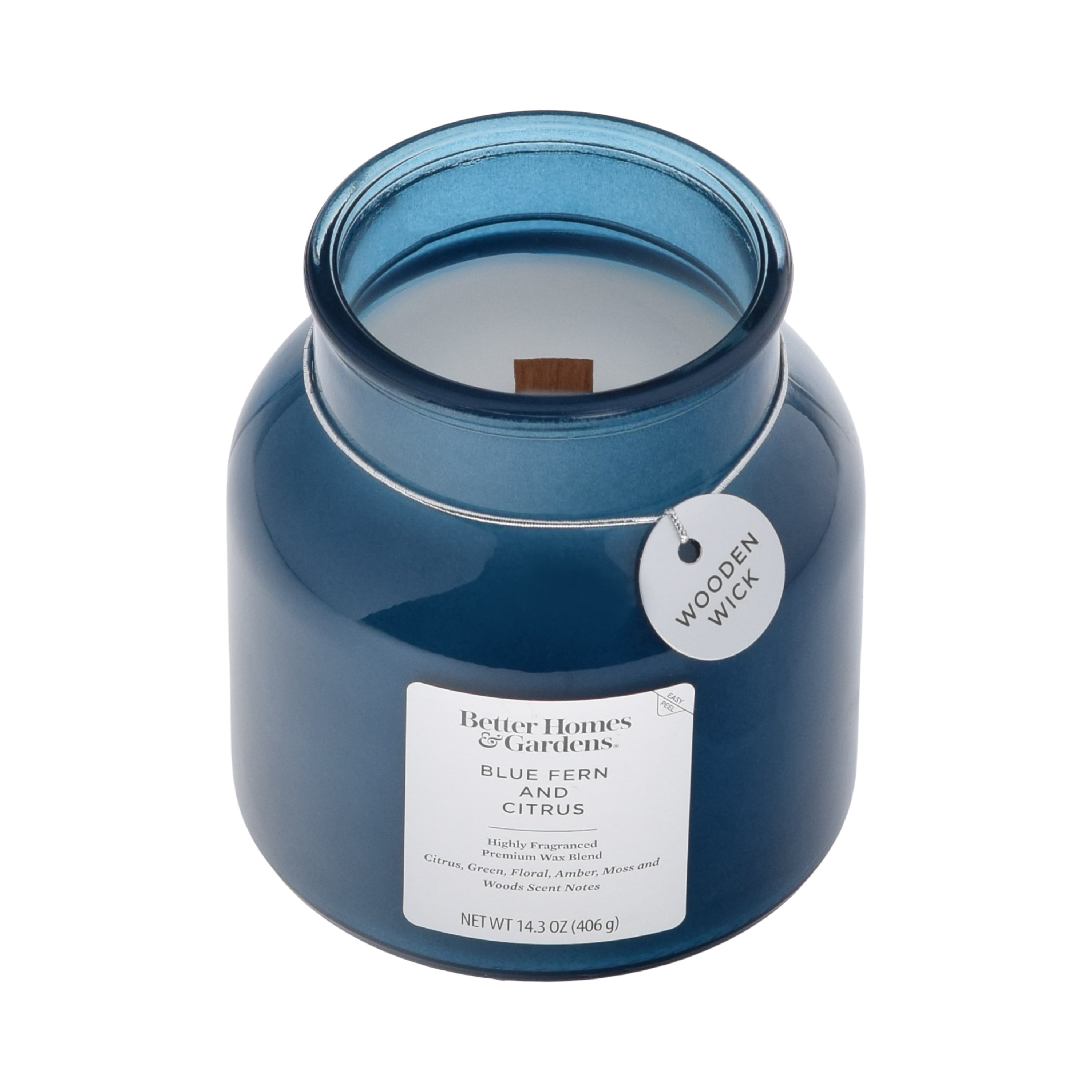 Better Homes & Gardens Blue Fern and Citrus Scented Wooden Wick 14.3oz Jar Candle
