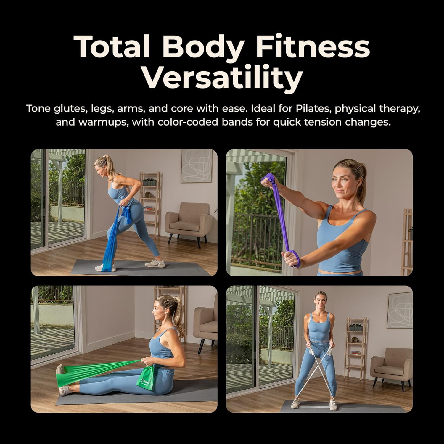 Sunny Health & Fitness 5-Level Resistance Band Set for Home Workout, Seamless Elastic Exercise Bands for Strength Training, Stretching, and Mobility, 3–30 lbs