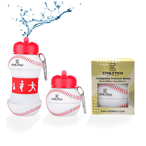 Ethletico Kids' Baseball Shaped Collapsible Water Bottle - BPA Free, Leak Proof, Durable, Lightweight, and Portableall Shaped Collapsible Water Bottles for Kids, 19 oz./550 ml