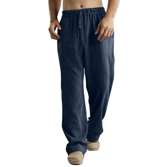 SGMVNU Mens Lightweight Casual Pants - Spring Summer Solid Color Painted Cotton Linen Loose Plus Size Trouser with Pockets, Fashion Beach Wear, Pants Lightweight Breathable(Size XL,Navy)