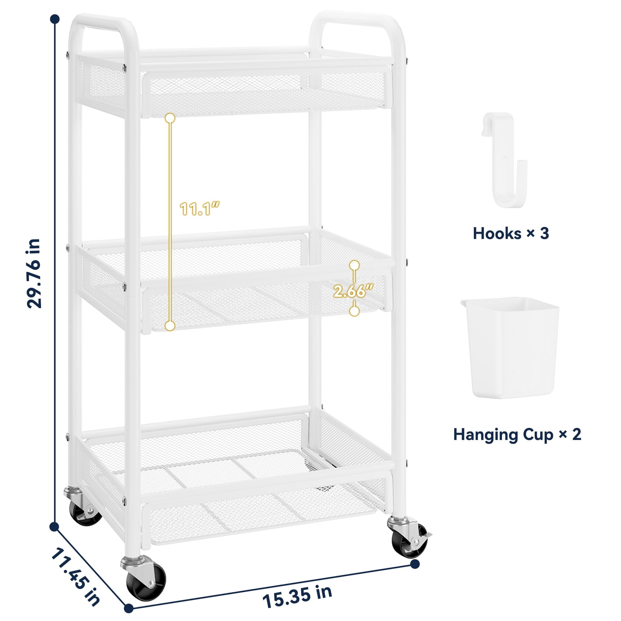 Black Metal Rolling Cart 3 Tier Utility Storage Organizer with Wheels Hanging Cups Hooks Mesh Basket for Bedside Kitchen Office