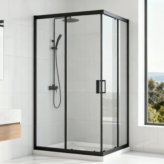 Corner Shower Enclosure 36 in. D x 36 in. W x 72 in. H, Double Sliding Corner Shower Door with 1/4 in. Clear Tempered Glass, Frameless Sliding Shower Stall, Matte Black Included White Shower Base