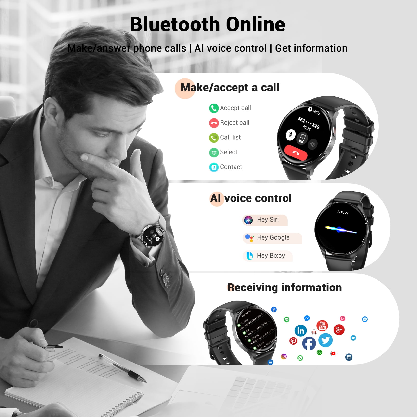 Blackview Smart Watch for Men, 1.43" AMOLED Fitness Tracker Watch with Bluetooth Call, 100+ Sports Modes, AI Voice Assistant, 2 Straps, Waterproof Smartwatch for Android iPhone,Black