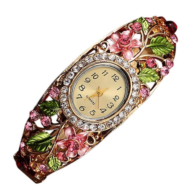 Flower Rhinestone Decor Women Watch Bracelet Flower Rhinestone Quartz Round Shaped Alloy Girl Watches Wristwatch