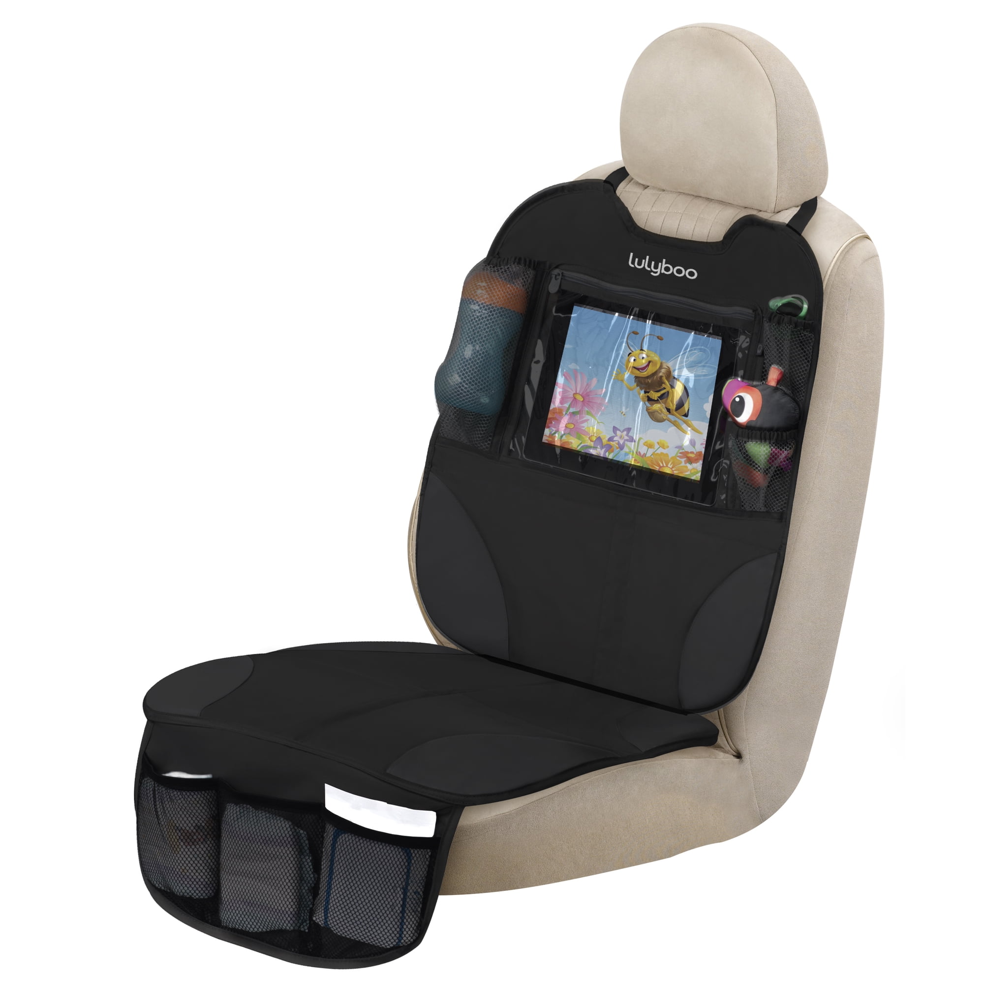 Lulyboo Auto Seat Protector and Carseat Organizer Tablet iPad Device Storage Window, Reinforced Seat Padded Non-Slip Grip Front and Rear Facing For Baby and Toddler Car Seats