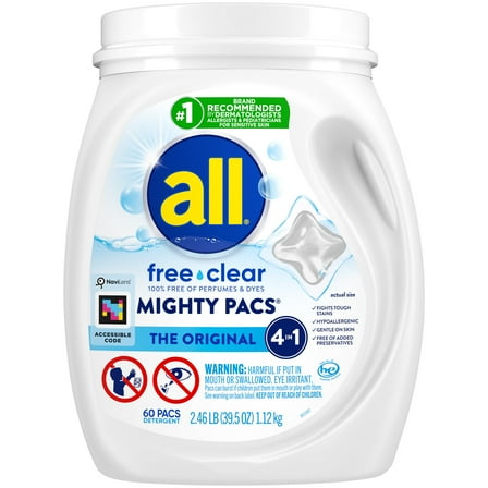 All Mighty Pacs Laundry Detergent, Free Clear for Sensitive Skin, Tub, 60 Count