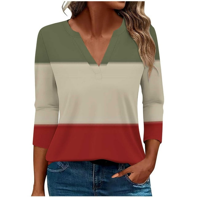 Timegard Womens Plus Size Tops V-Neck 3/4 Sleeve Color Block Comfy Tshirts Casual Loose Top Blouse