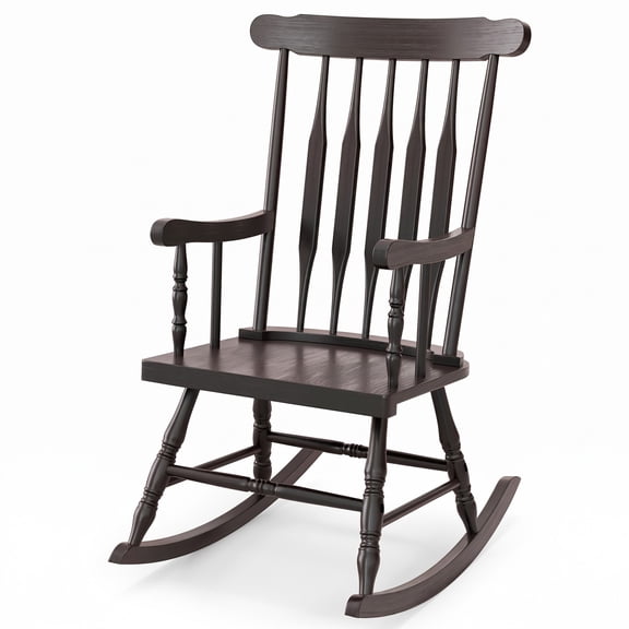 Furnibear Rocking Chair with Solid Rubber Wood Frame and Classic Spindle Back for Indoor Living Room, Front Porch and Patio, Brown