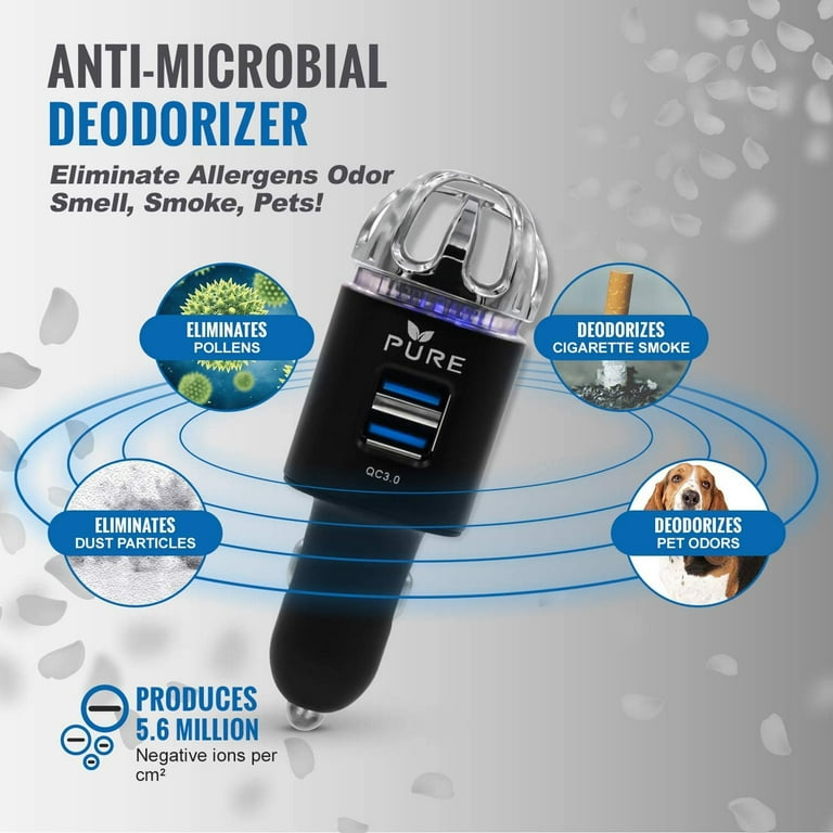 Car Air Purifier Premium Air Ionizer Car Charger Accessory w Dual USB Ports Quick Charge 3.0 Eliminate Allergens Bad Odor Smell Smoke Pollen