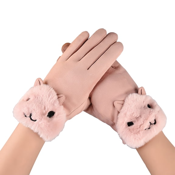 PMVFHDE Gloves & Mittens Women's Cold Proof Outdoor Riding Cute Cat Wool Autumn Winter Pink - One Size