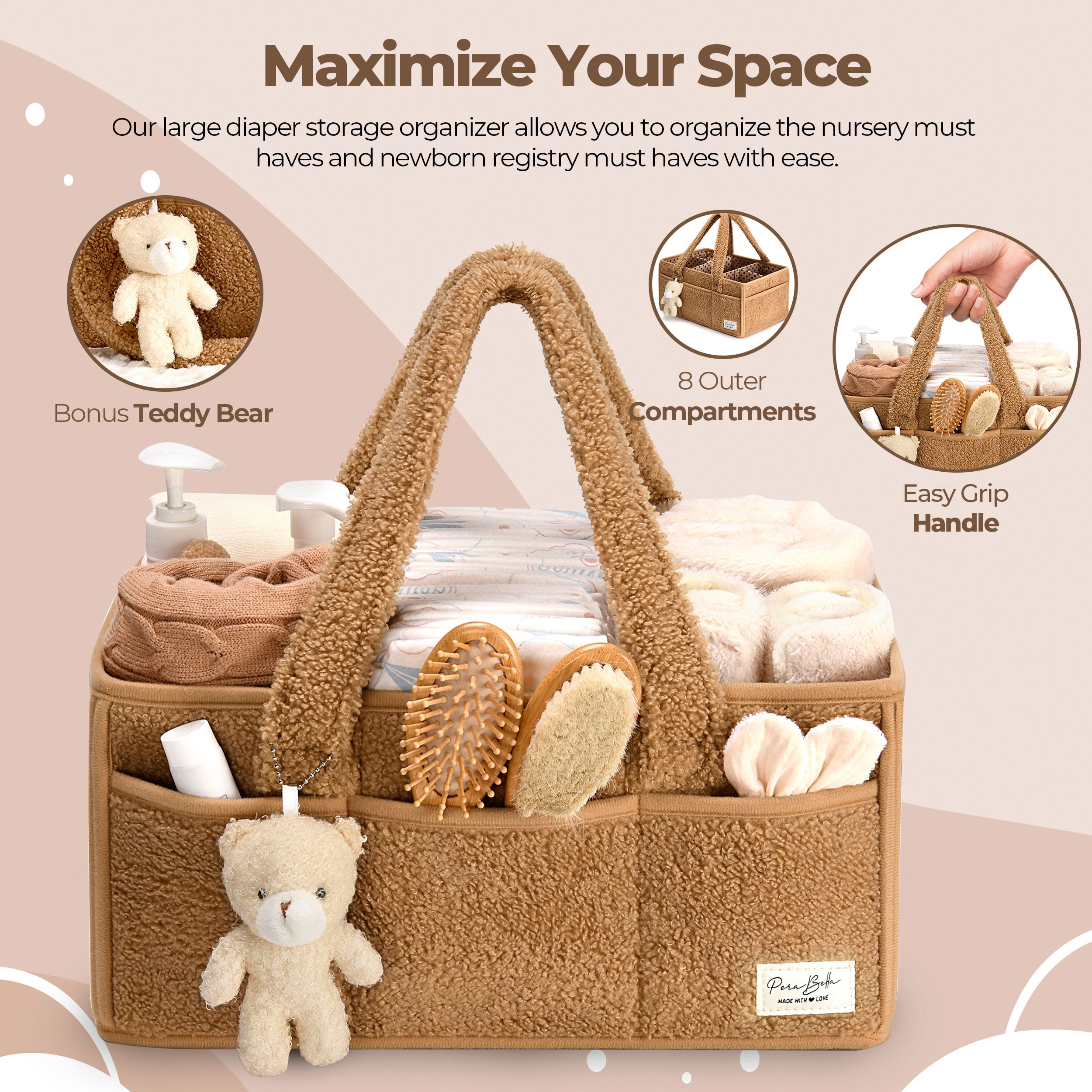 Baby Diaper Caddy Organizer for Changing Table, Portable Nursery Storage Basket Dresser Top