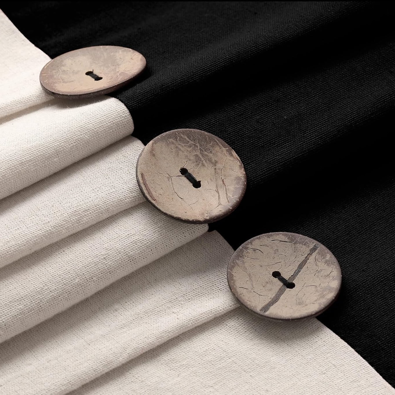 Psoiuetr Linen Button Farmhouse Beige Shower Curtain Linen and Cotton Woven Fabric Country Style (Black & Cream, 72" L x 72" W)