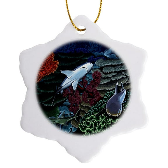 3drose, Reef Sharks, 3 inch Snowflake Porcelain Ornament