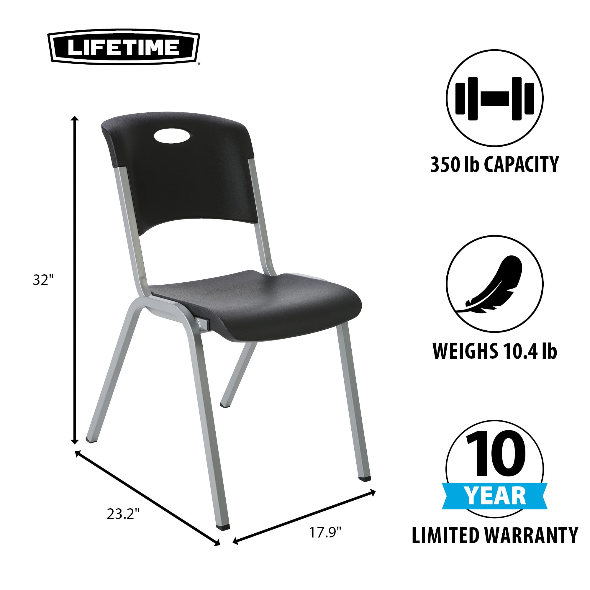 Lifetime Stacking Chairs, Indoor/Outdoor Commercial, Black & Silver, Adult Sized, 4 Pack (480310)
