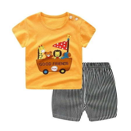 

Patgoal Summer Baby Boys Girls Two Pieces Outfits Cartoon Design Short Sleeves + Striped Shorts 2 Pieces Set Toddler Clothing
