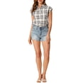 thumbnail image 3 of Allegra K Women's Halloween Costume Point Collar Short Cap Sleeves Plaids Button Down Shirt, 3 of 7