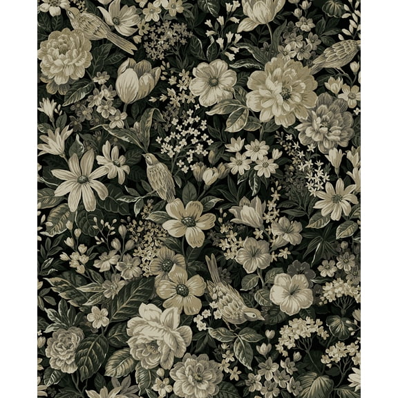 NextWall Ebony & Pale Fern Vintage Bird Garden Peel and Stick Wallpaper - 20.5 in. W x 18 ft. L Roll