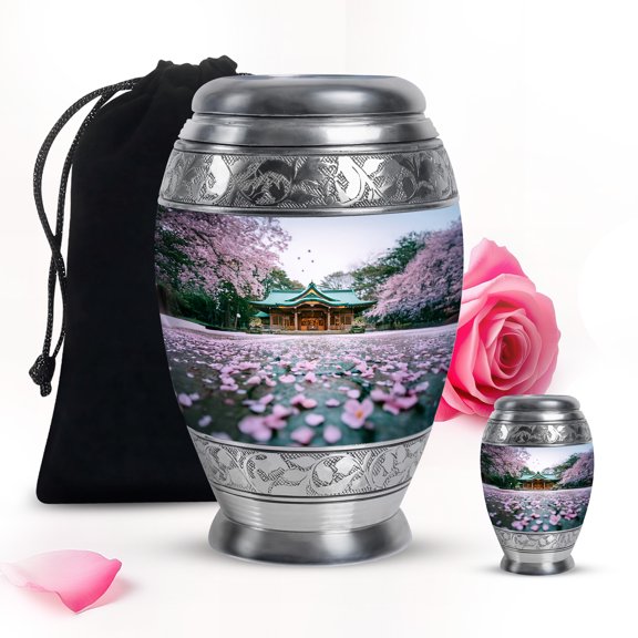 Pink Cherry Blossom With House Large Urn For Ashes Adult Dad - Mini Burial Urns For Human Ashes Adult Mom - Funeral Gift For Decorative Urn 10Inch And 3Inch Keepsake Urns