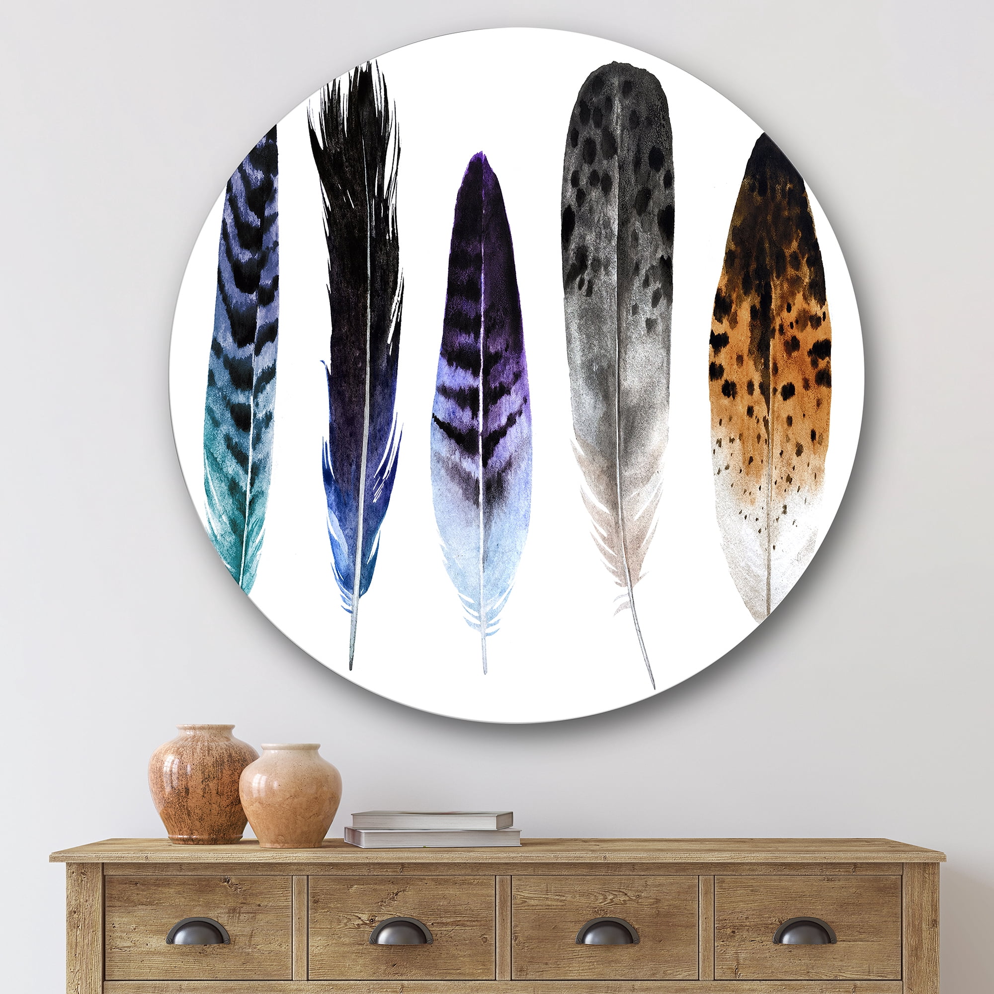 Designart 'Colourful Boho Art Feathers II' Bohemian & Eclectic Circle Metal Wall Art 29x29 - Disc of 29
