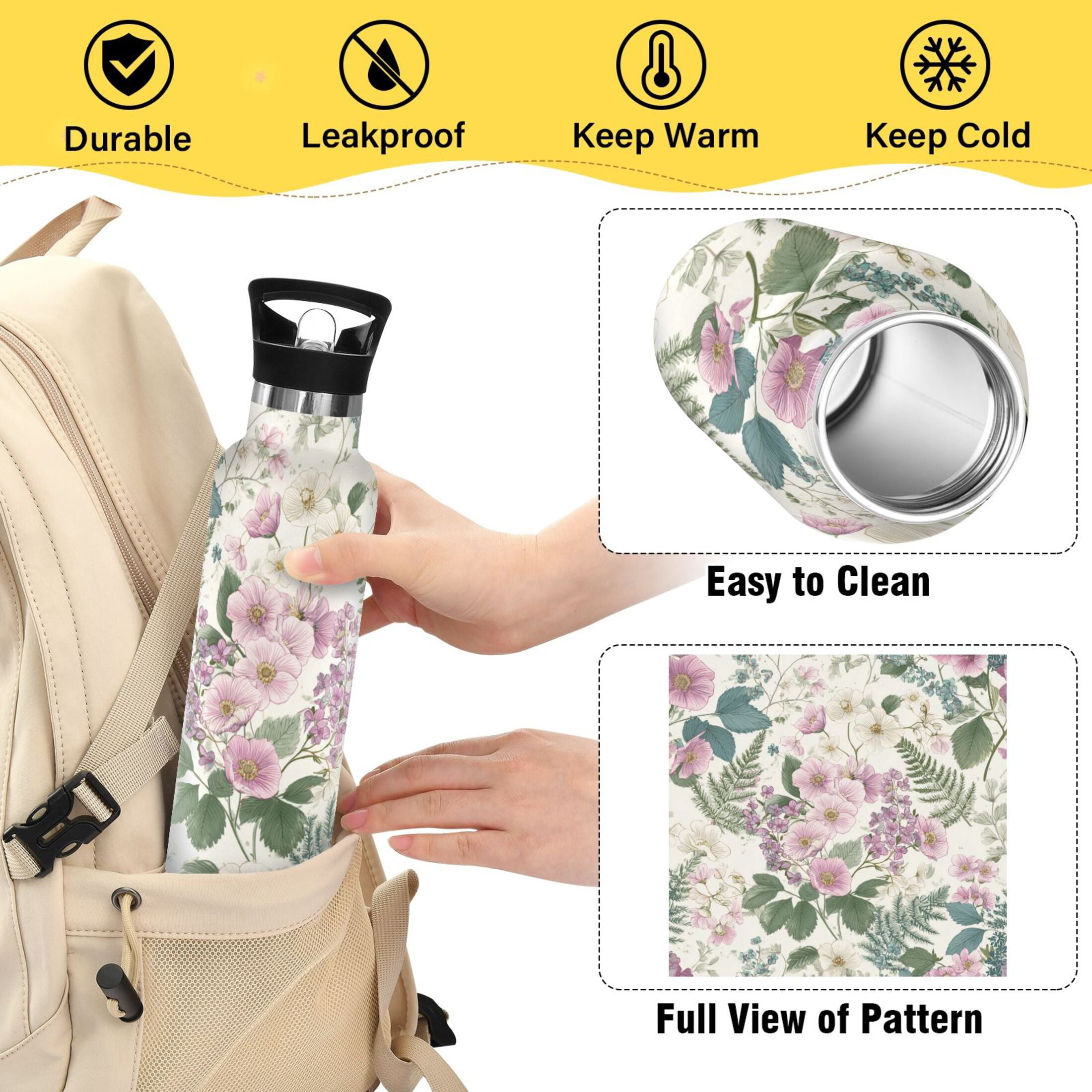 Kids Insulated Stainless Steel Sports Water Bottle 600ml Retro Pink Flowers Pattern