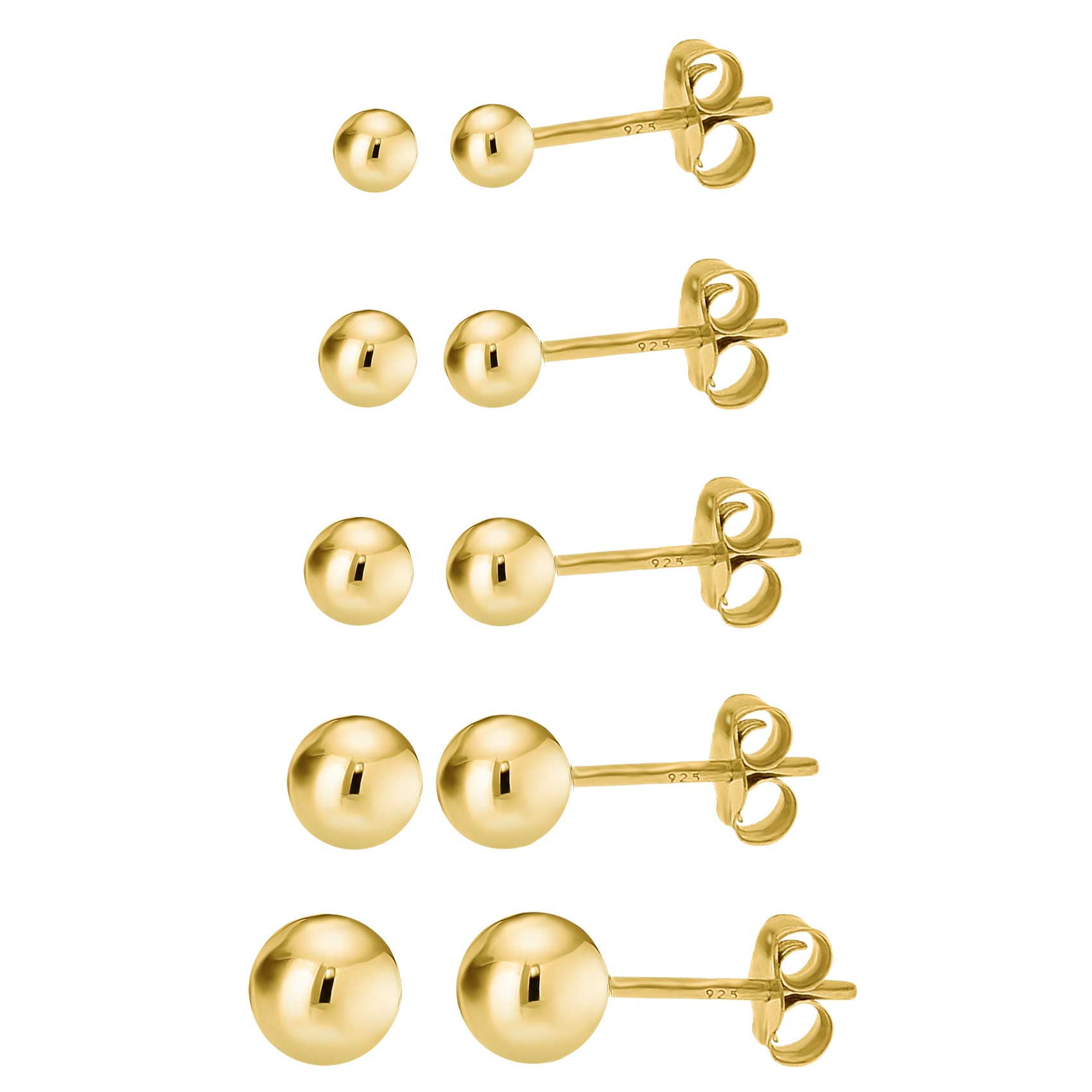 14K Gold over 925 Silver High Polish Smooth Round Ball Stud Earring 5