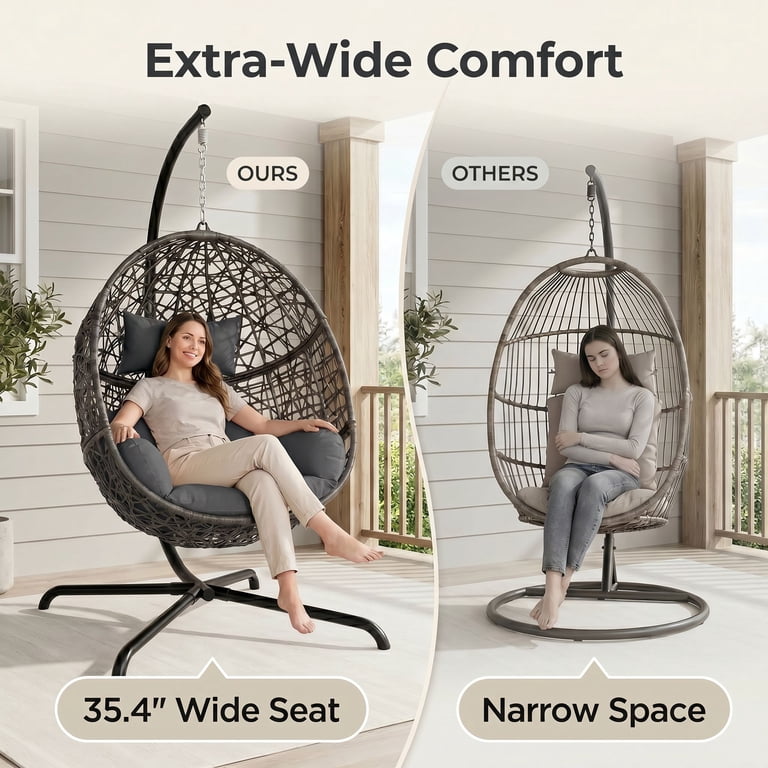 RADIATA Hanging Egg Chair w/Stand, 350Lbs Wicker Swing Seat, Dark