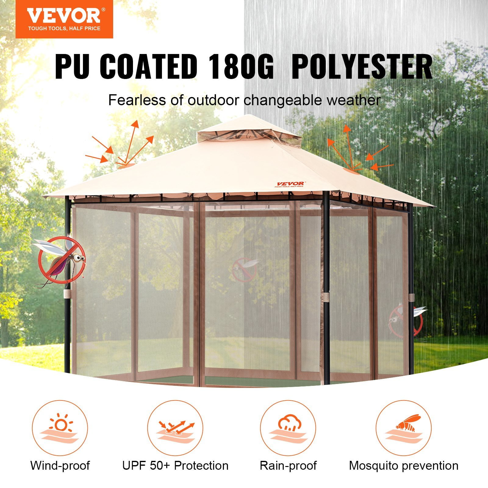 Patio Gazebo for 6-8 Person, 10 x 10 FT Backyard Gazebo, with Mosquito Netting, Metal Frame, and PU Coated 180G Polyester, Outdoor Canopy Shelter for Patio, Backyard, Lawn, Garden, Deck