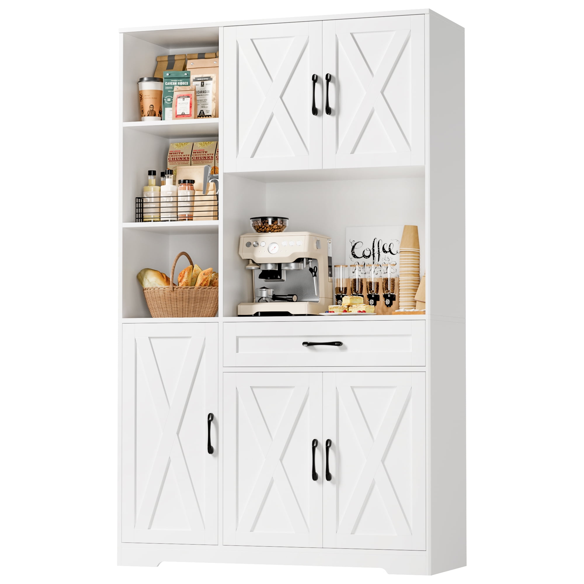 Hiphuta 71"Farmhouse Kitchen Pantry Storage Cabinet, Freestanding Hutch Cabinet with Microwave Stand, Sturdy Pantry Cabinet for Dining Room, White
