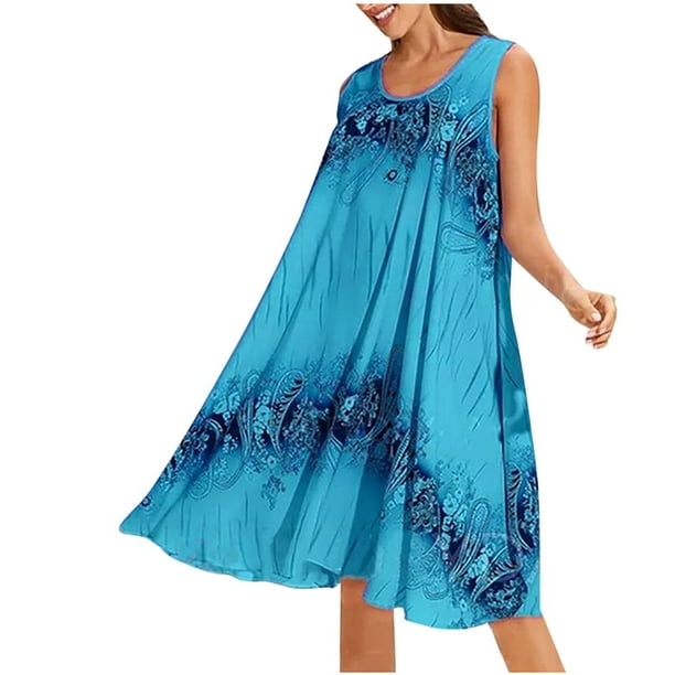 Vestidos de verano qucoqpe para mujer 2022, vestido bohemio informal de moda para mujer, vestido midi floral de cuello redondo de talla grande, vestido playero holgado sin mangas.