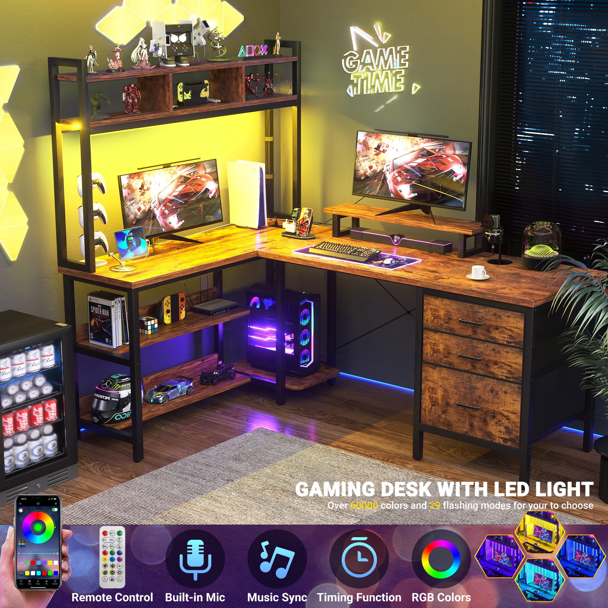 Homieasy L Shaped Desk with Hutch, Gaming Desk with Led Lights, Reversible Computer Desk with Power Outlet, Corner Desk with File Drawer & Monitor Stand, Storage Shelves for Home Office, Rustic Brown