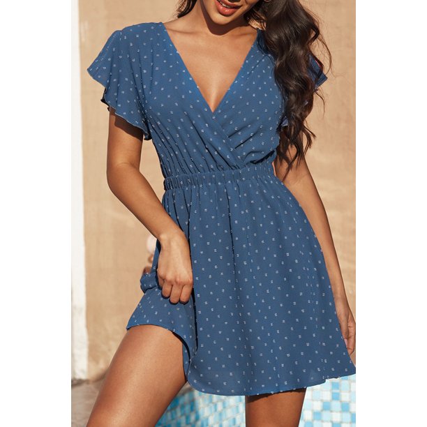 ABPHQTO Vestido de playa cruzado con escote en V y lunares suizos azul cielo para mujer