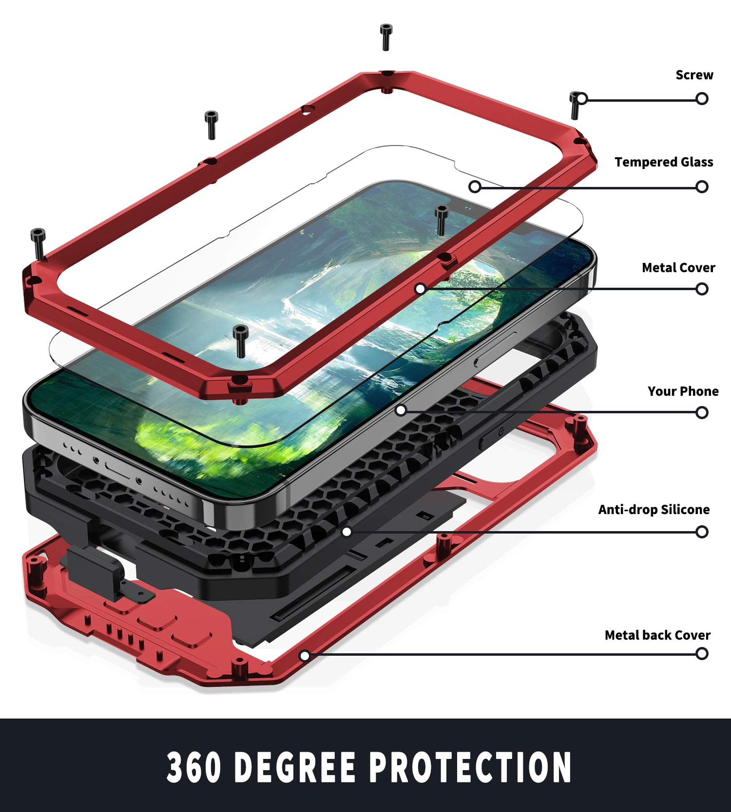 Compatible with iPhone 13 Case with Built-in Glass Screen Protector, Allytech Full Body Shockproof Life Waterproof Kickstand Slide Camera Lens Protective Case for iPhone 13 5G 6.1" 2021, Red